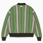 Rear view of the Wisdom Of Age City Cardigan in Sage Green with striped pattern and the NY Tough logo on a white background