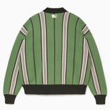 Rear view of the Wisdom Of Age City Cardigan in Sage Green with striped pattern and the NY Tough logo on a white background