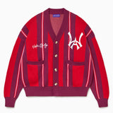 Wisdom Of Age City Cardigan in Red Velvet with the WA logo and text on a white background. Valentines day exclusive