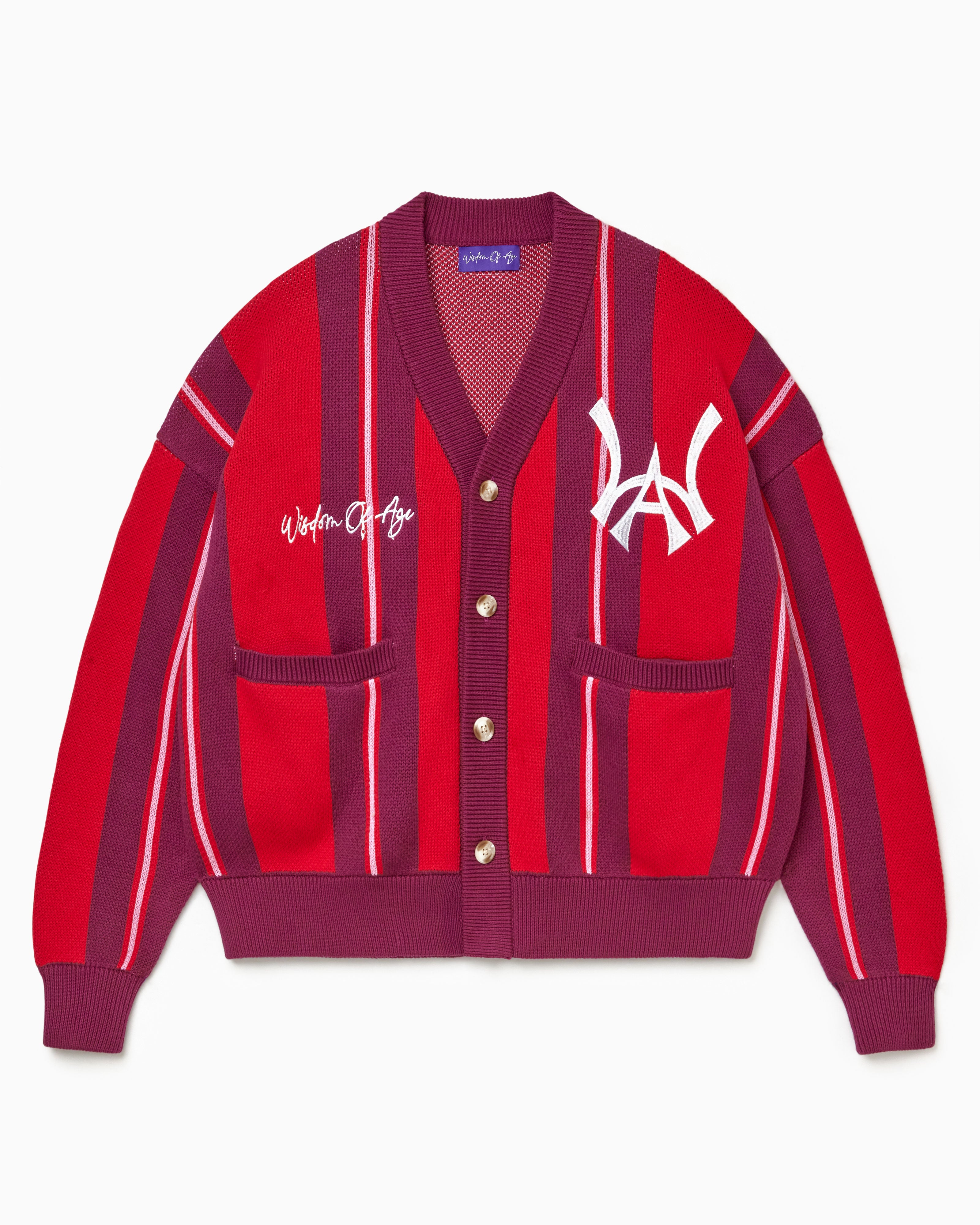 Wisdom Of Age City Cardigan in Red Velvet with the WA logo and text on a white background. Valentines day exclusive