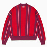 Rear view of the Wisdom Of Age City Cardigan in Red Velvet on a white background.