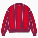 Rear view of the Wisdom Of Age City Cardigan in Red Velvet on a white background.