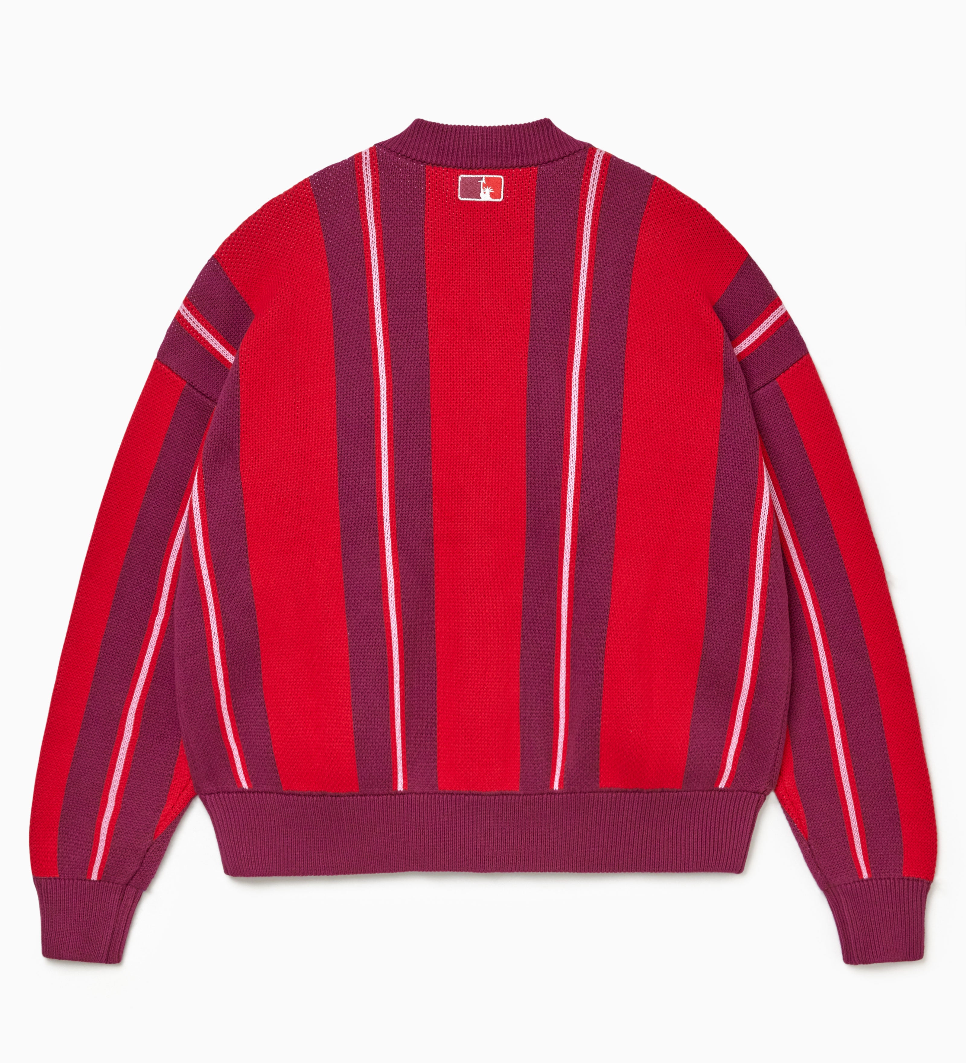 Rear view of the Wisdom Of Age City Cardigan in Red Velvet on a white background.