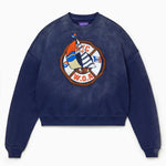 Navy blue sweatshirt with a colorful logo on a white background