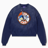 Navy blue sweatshirt with a colorful logo on a white background