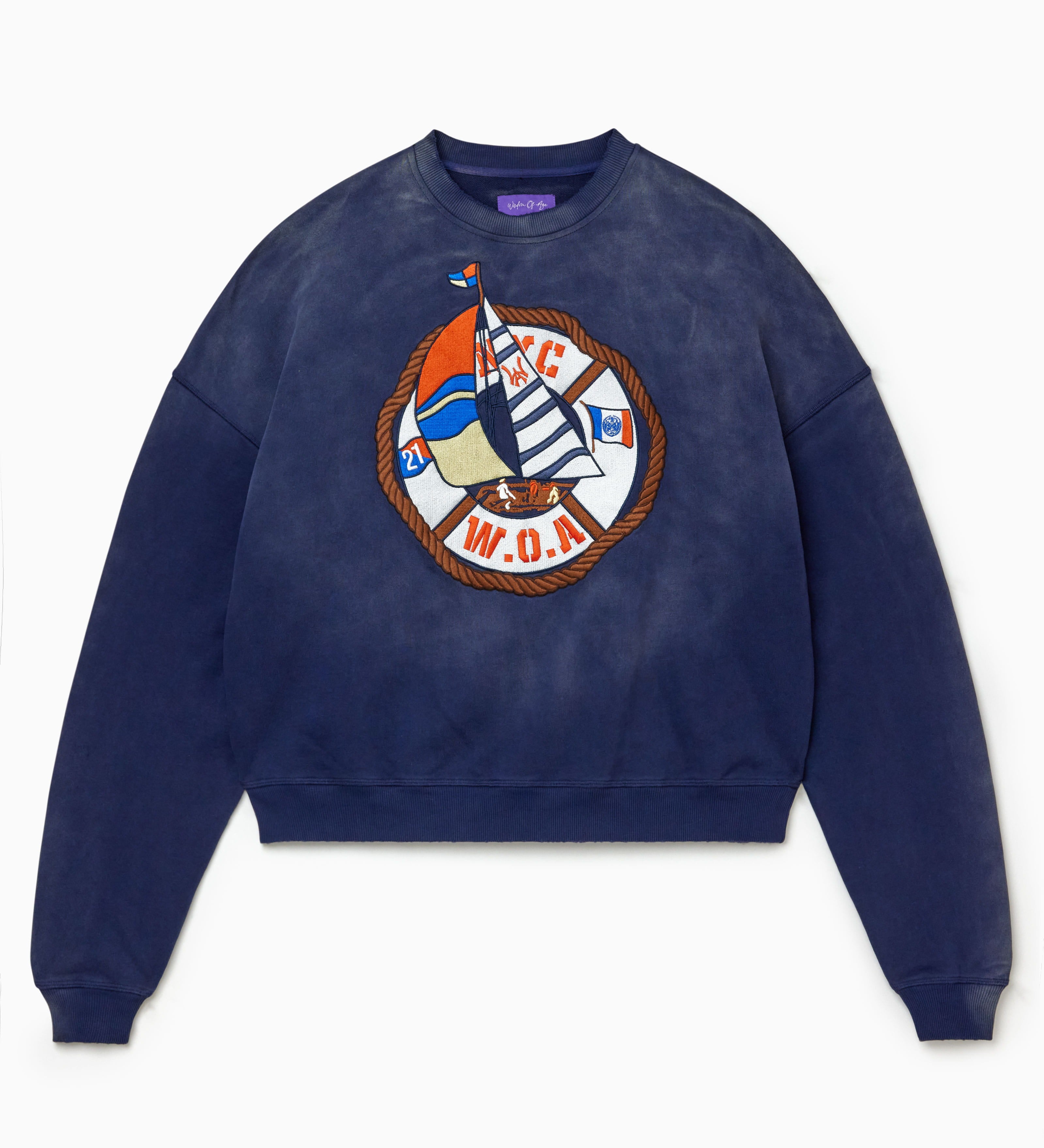 Navy blue sweatshirt with a colorful logo on a white background