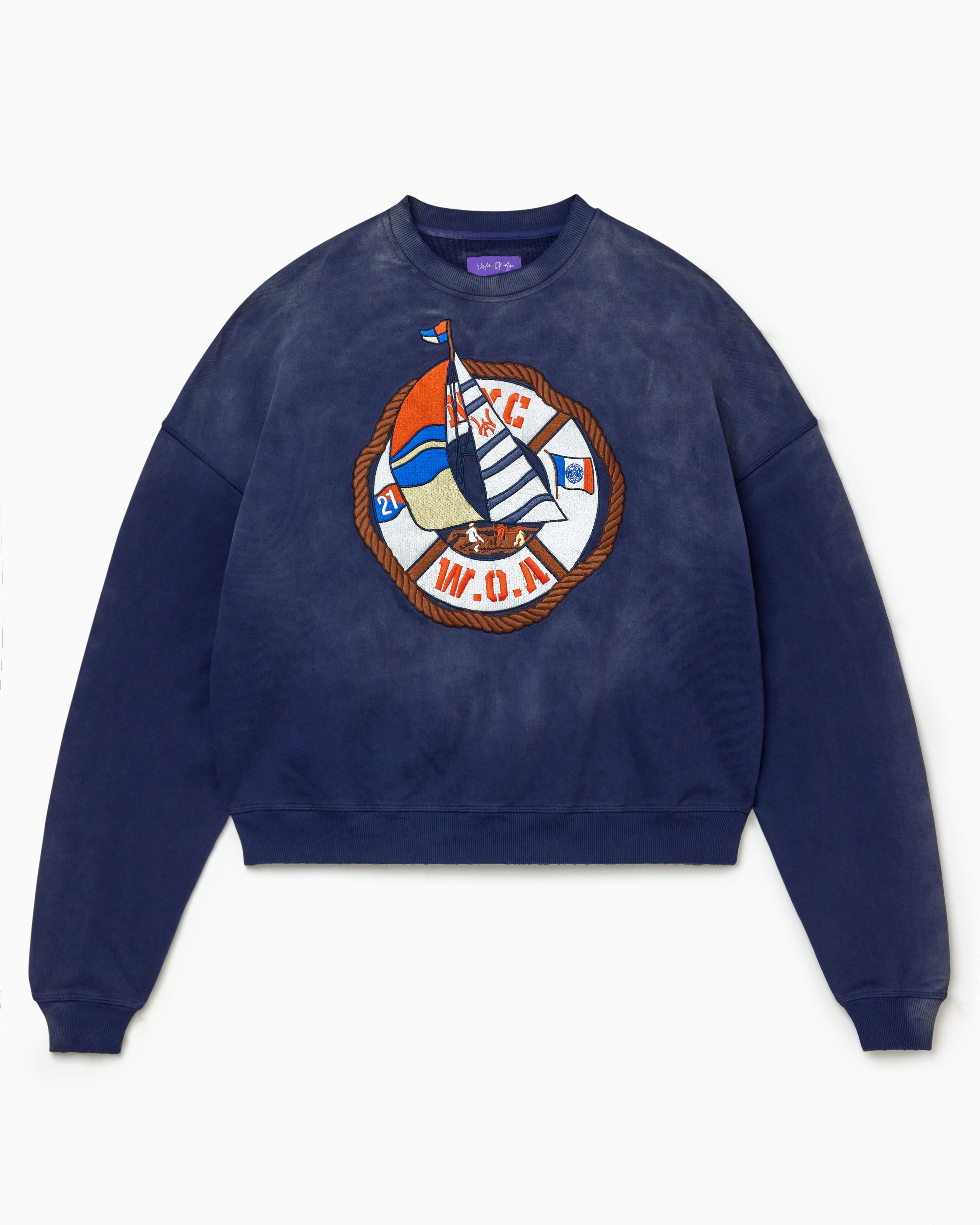 Navy blue sweatshirt with a colorful logo on a white background