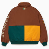 Mocha/ Marine Green/Yellow Color-blocked jacket with 'Wisdom of Age' branding on a white background