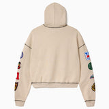 Back of Wisdom Of Age hoodie with patches on a white background