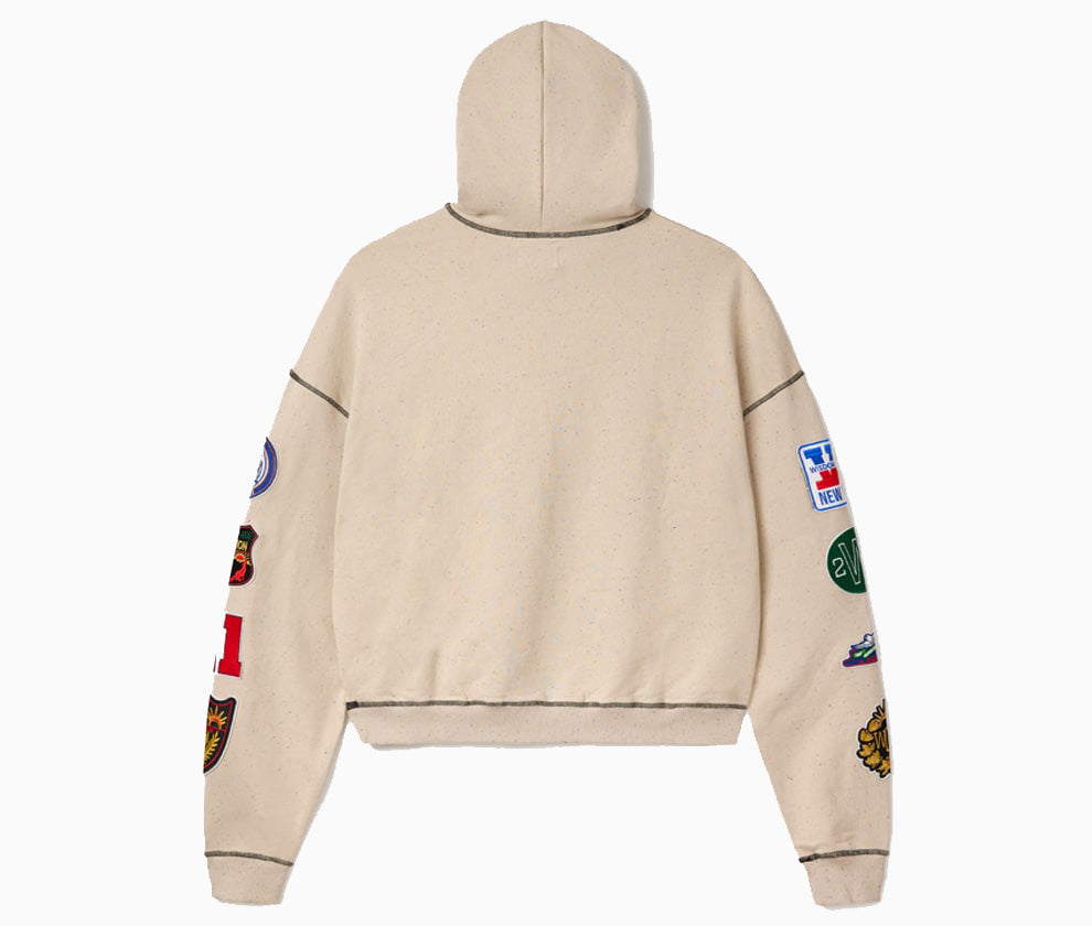 Back of Wisdom Of Age hoodie with patches on a white background