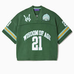 Sage Green Football jersey with 'Wisdom of Age' and number '21' on a white background
