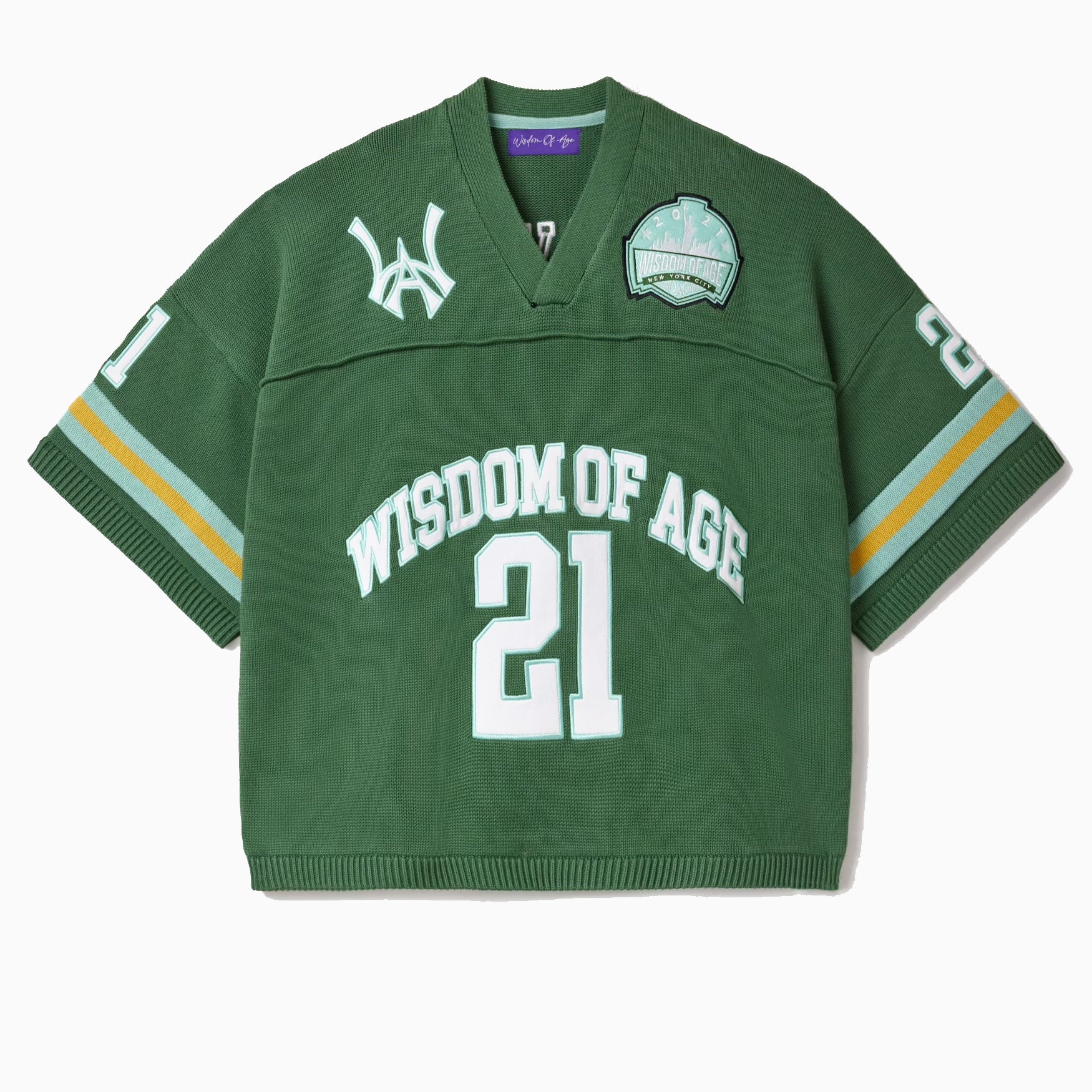 Sage Green Football jersey with 'Wisdom of Age' and number '21' on a white background