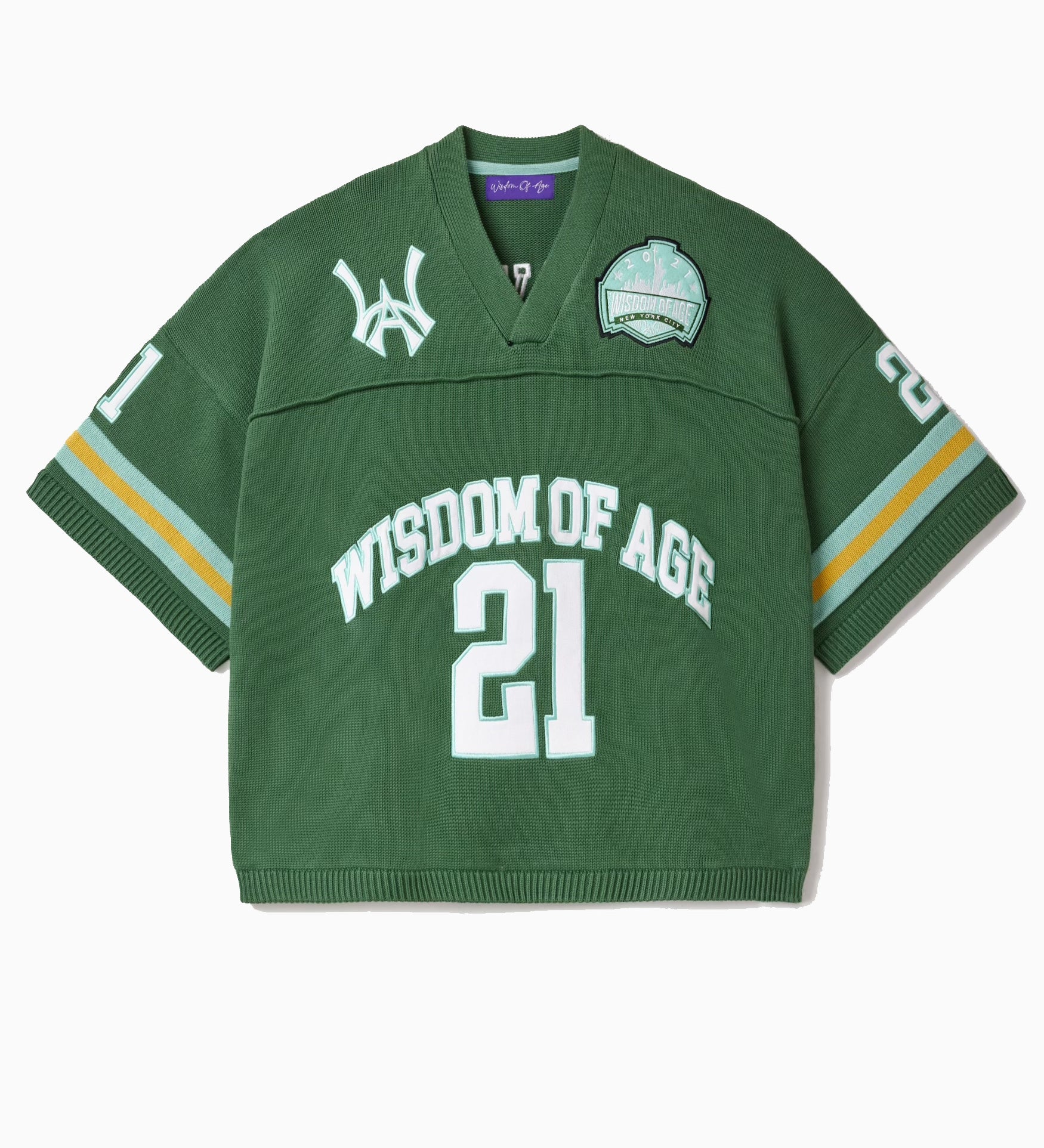 Sage Green Football jersey with 'Wisdom of Age' and number '21' on a white background