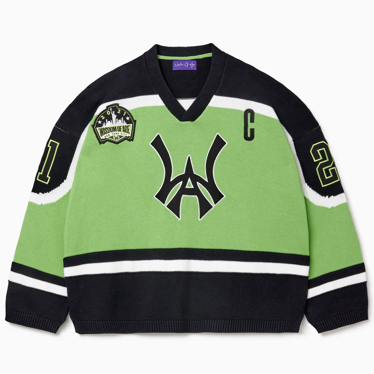 Front view of the Wisdom Of Age Knit Hockey jersey Neon. WA logo on the front with and captains C on the left shoulder and a nyc skyline patch on the right shoulder. the number 21 on the sleeves
