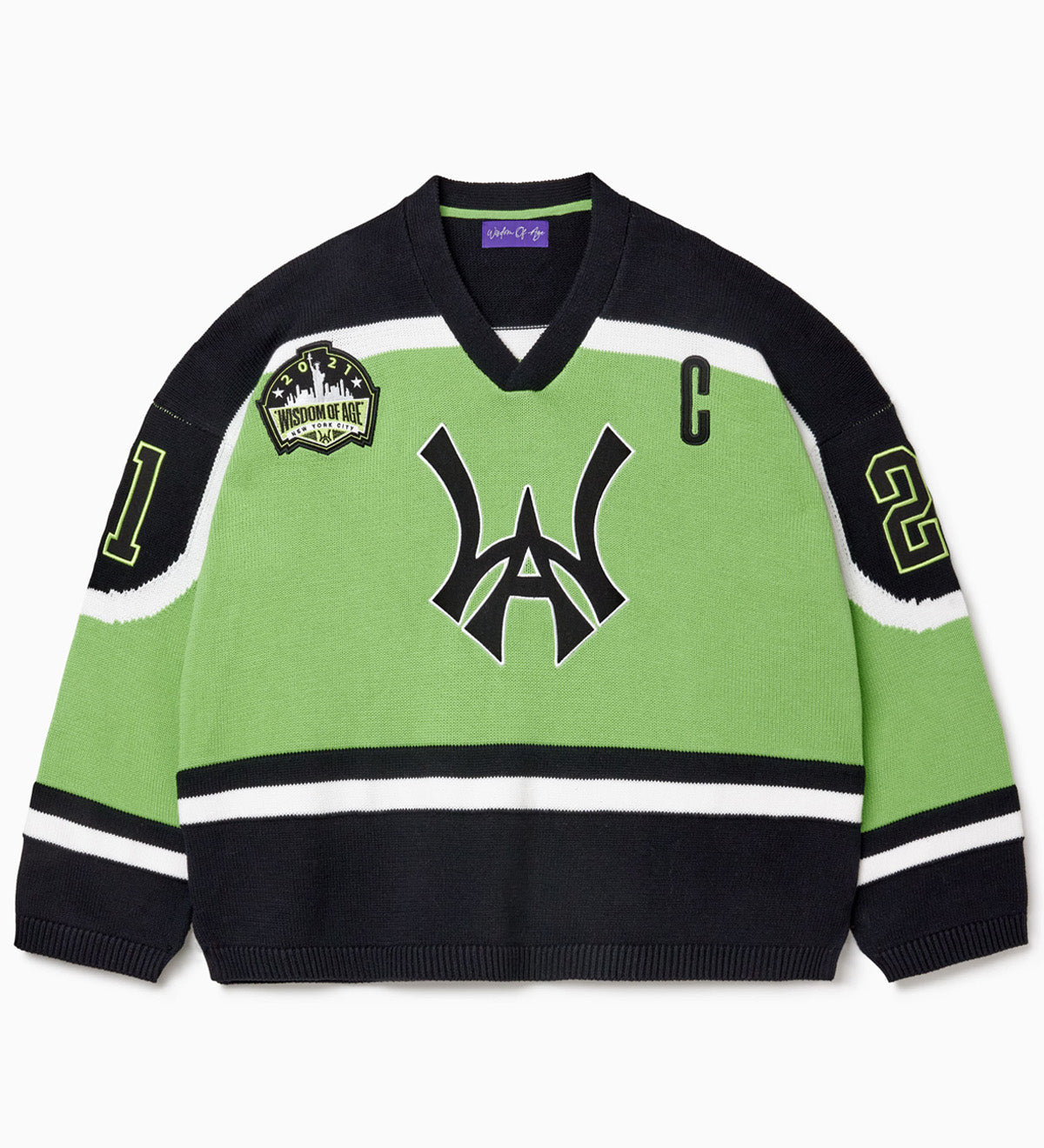 Front view of the Wisdom Of Age Knit Hockey jersey Neon. WA logo on the front with and captains C on the left shoulder and a nyc skyline patch on the right shoulder. the number 21 on the sleeves