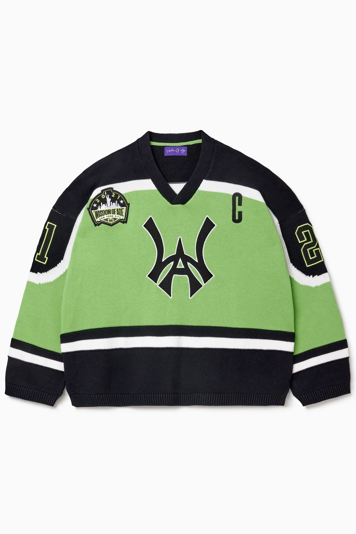 Front view of the Wisdom Of Age Knit Hockey jersey Neon. WA logo on the front with and captains C on the left shoulder and a nyc skyline patch on the right shoulder. the number 21 on the sleeves