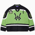 Front view of the Wisdom Of Age Knit Hockey jersey Neon. WA logo on the front with and captains C on the left shoulder and a nyc skyline patch on the right shoulder. the number 21 on the sleeves
