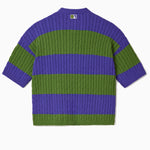 Green and purple striped cable knit t-shirt on a white background