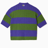 Green and purple striped cable knit t-shirt on a white background