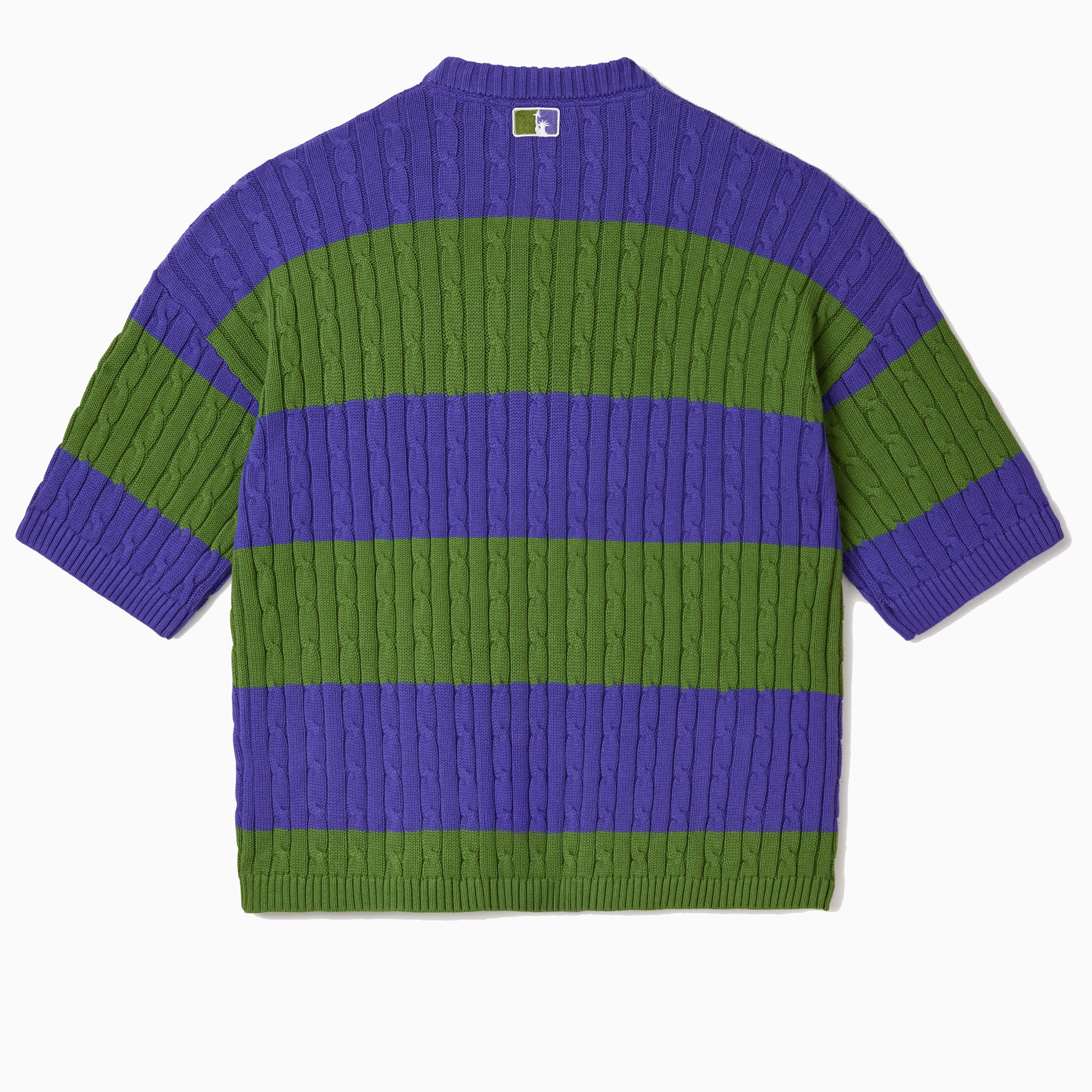 Green and purple striped cable knit t-shirt on a white background