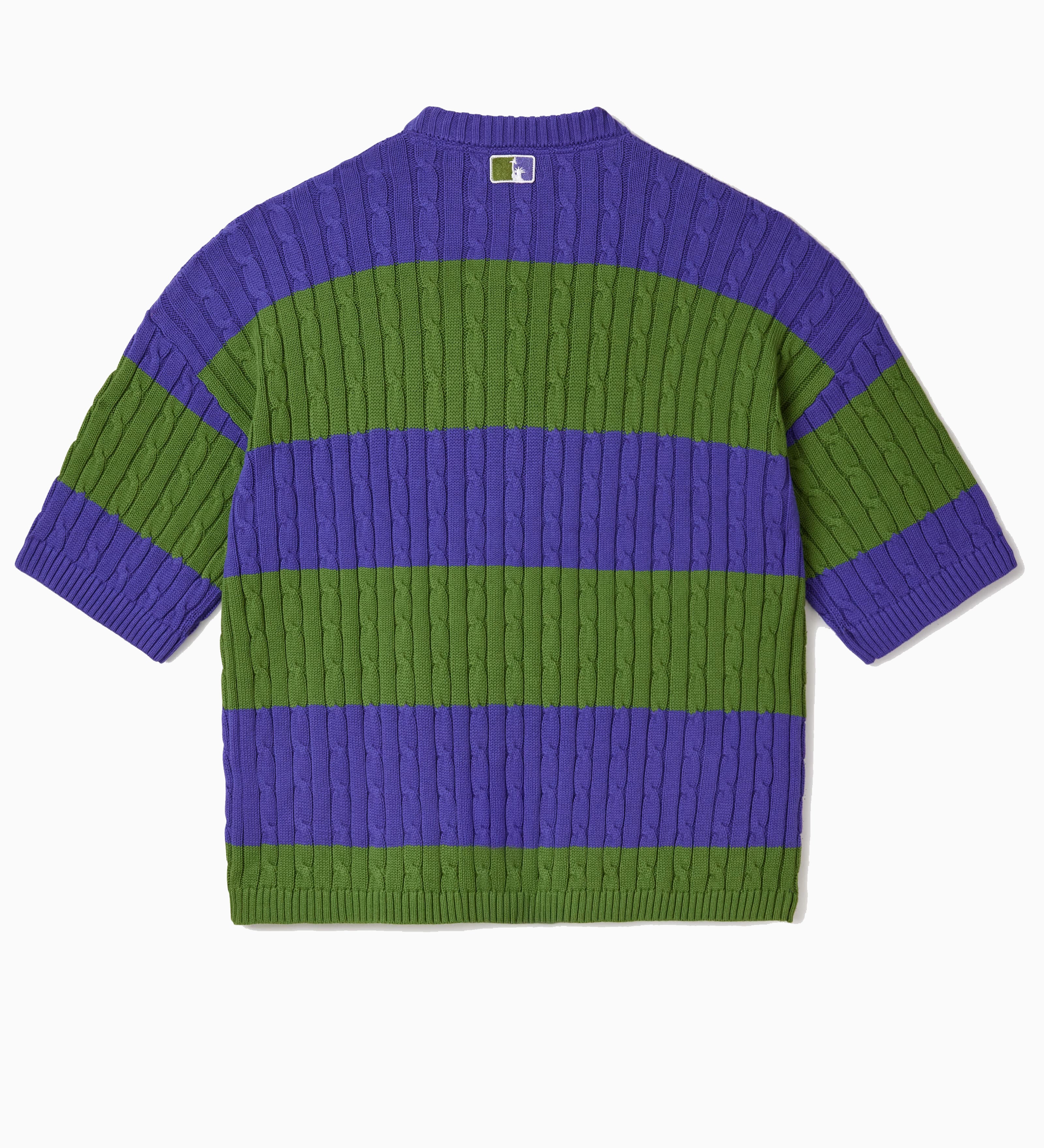 Green and purple striped cable knit t-shirt on a white background