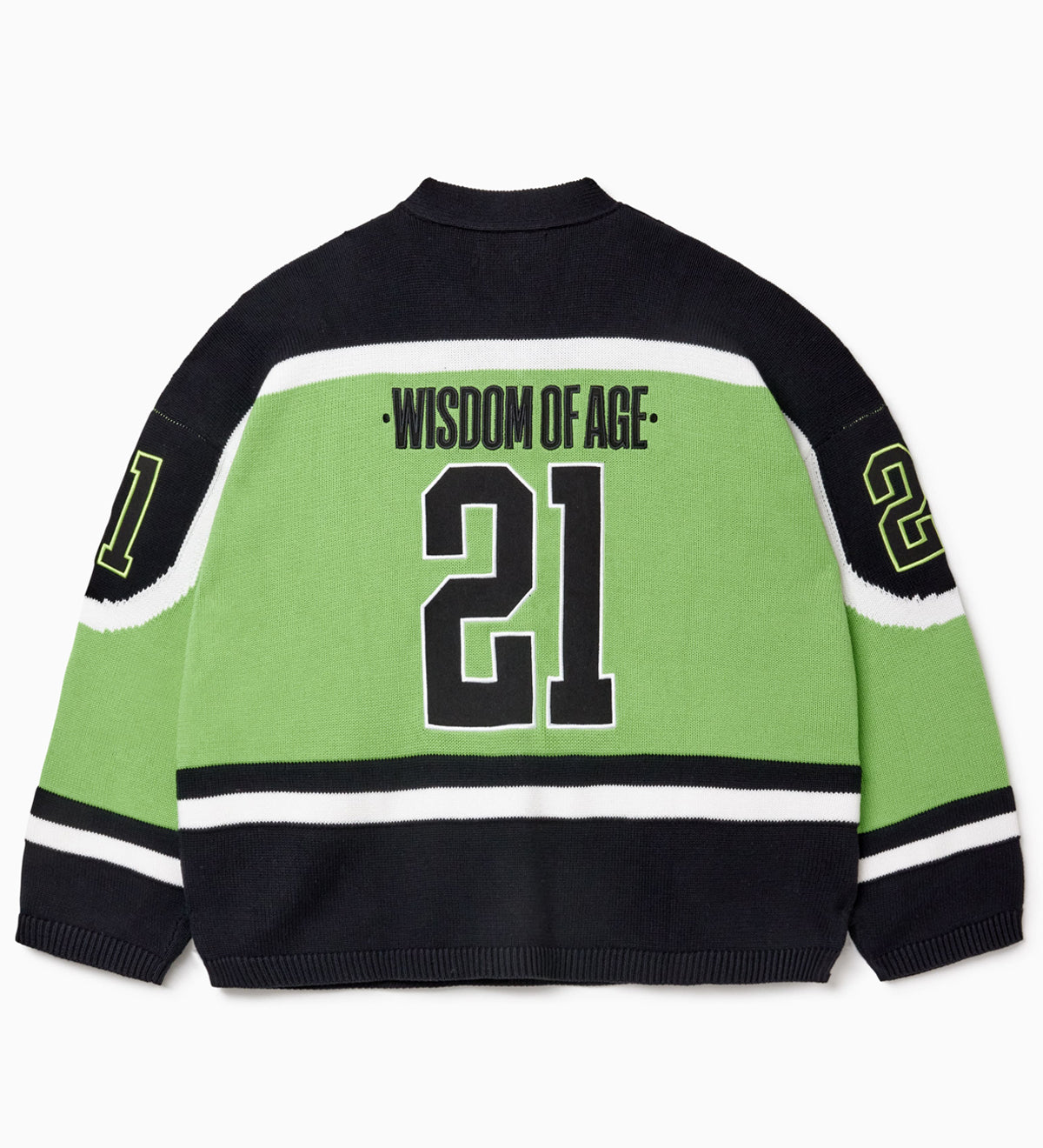 Rear view of the Wisdom Of Age Knit Hockey jersey Neon. Wisdom Of Age on the name plate with the number 21 in yellow underneath