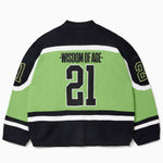 Rear view of the Wisdom Of Age Knit Hockey jersey Neon. Wisdom Of Age on the name plate with the number 21 in yellow underneath