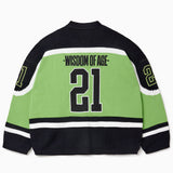 Rear view of the Wisdom Of Age Knit Hockey jersey Neon. Wisdom Of Age on the name plate with the number 21 in yellow underneath
