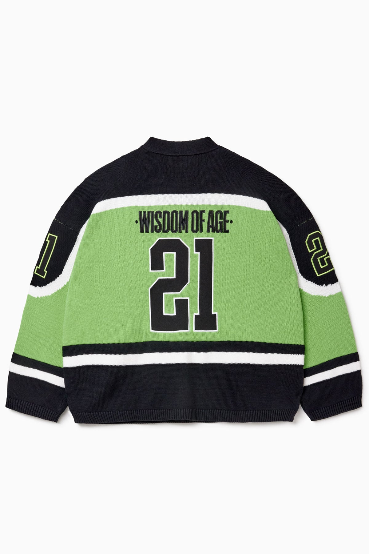 Rear view of the Wisdom Of Age Knit Hockey jersey Neon. Wisdom Of Age on the name plate with the number 21 in yellow underneath