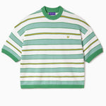 Striped Short sleeve sweater with green , yellow and white horizontal stripes on a white background