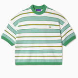 Striped Short sleeve sweater with green , yellow and white horizontal stripes on a white background