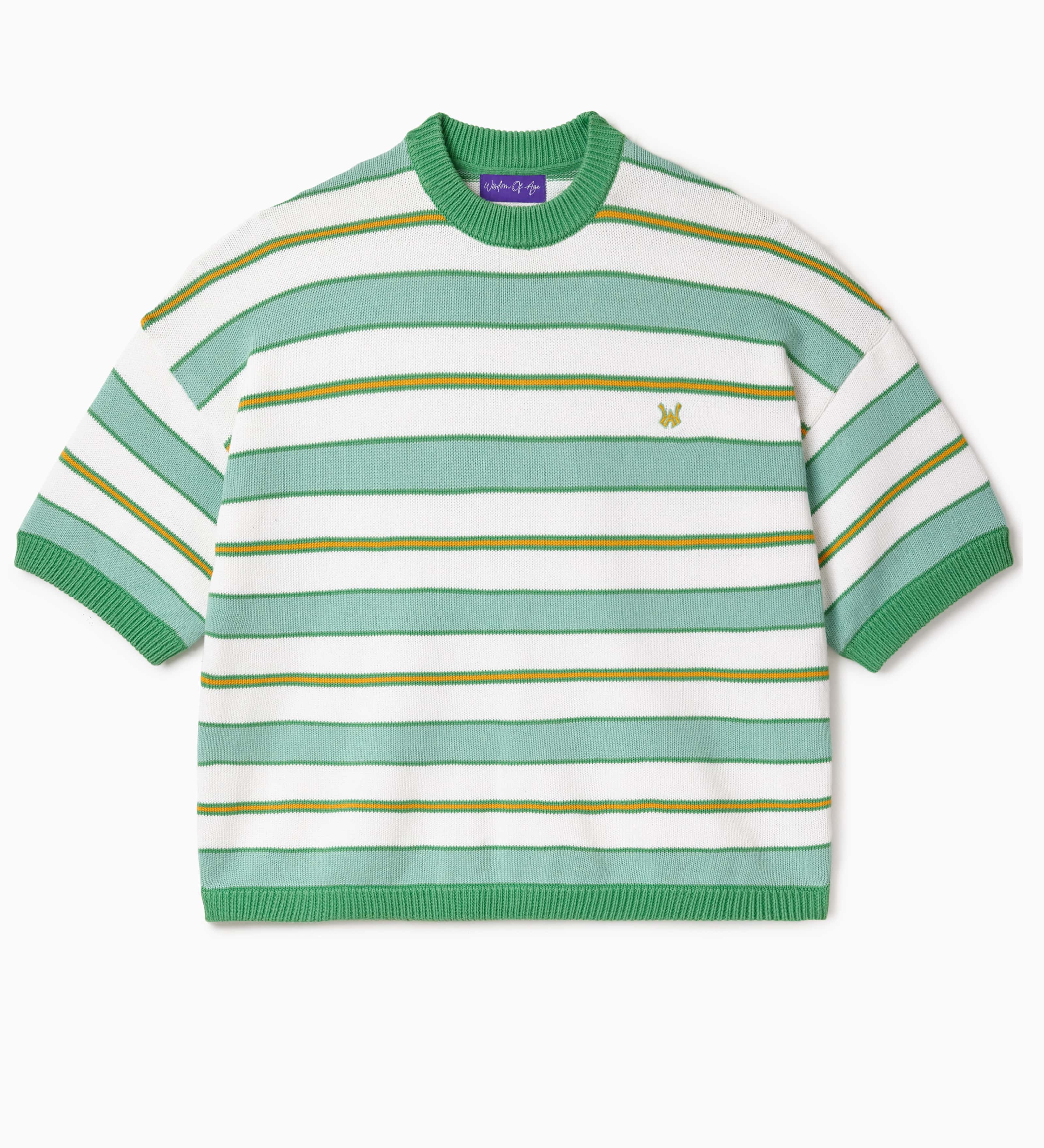 Striped Short sleeve sweater with green , yellow and white horizontal stripes on a white background