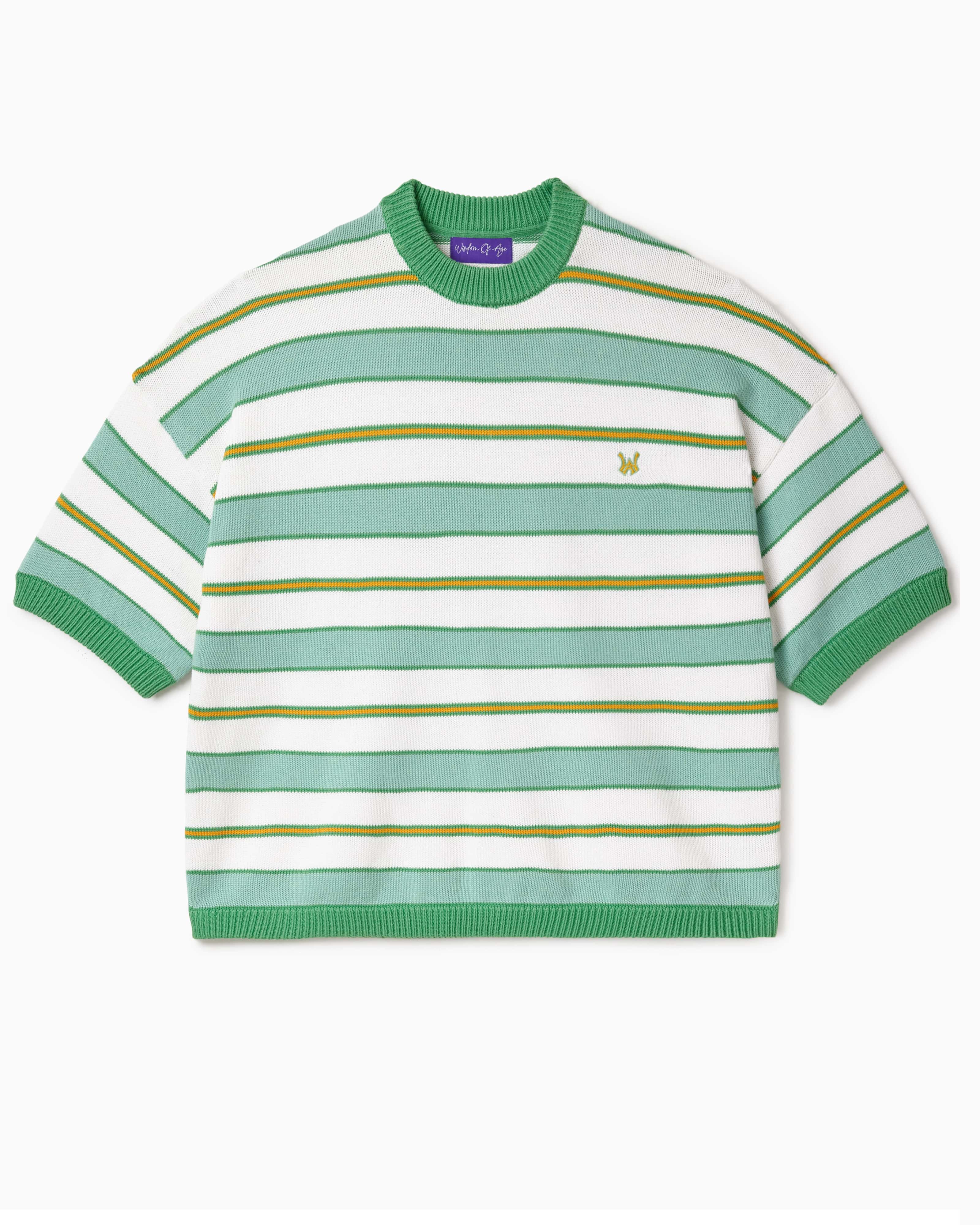 Striped Short sleeve sweater with green , yellow and white horizontal stripes on a white background