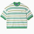 Striped Short sleeve sweater with green , yellow and white horizontal stripes on a white background