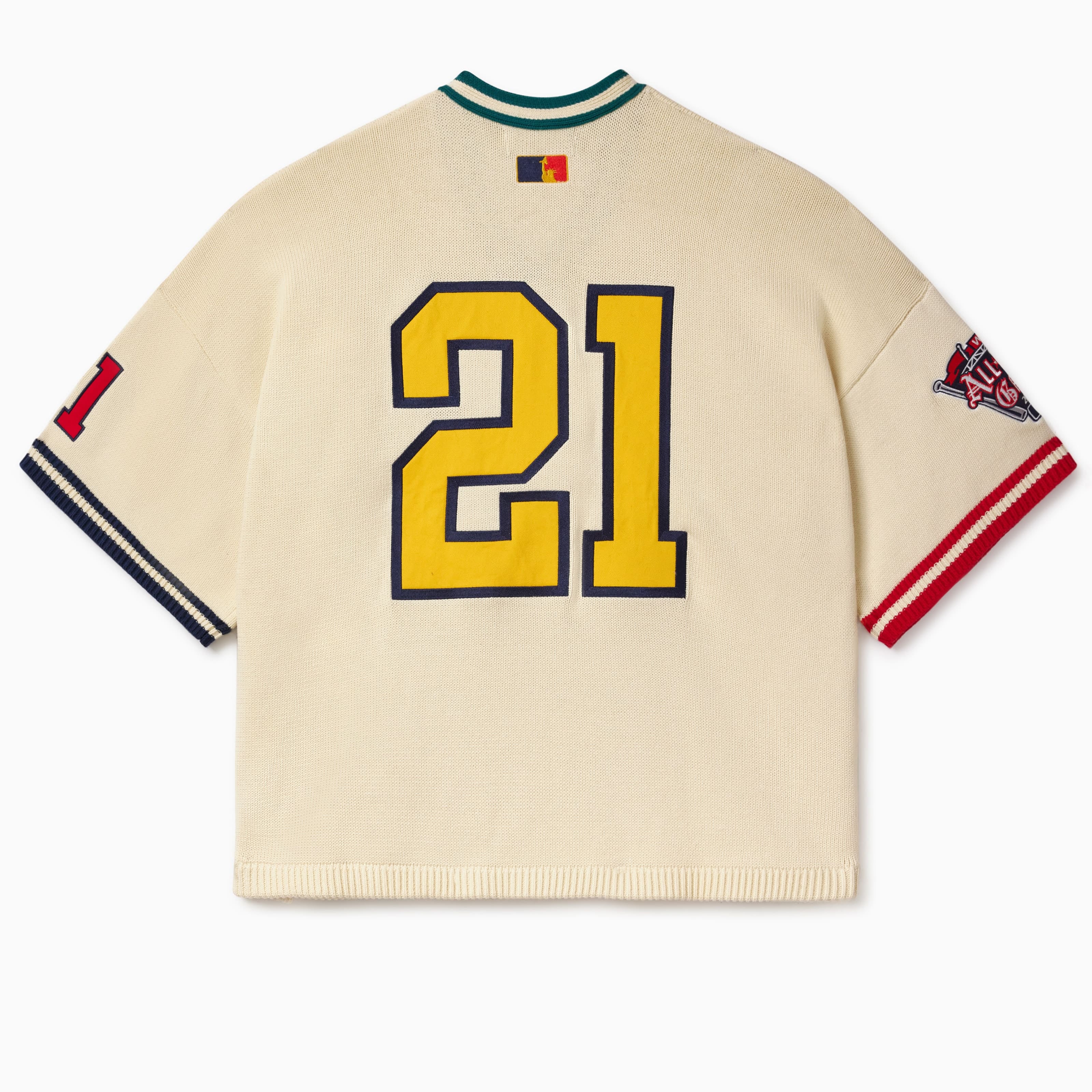 Wisdom Of Age cream baseball jersey with number 21 in yellow on a white background