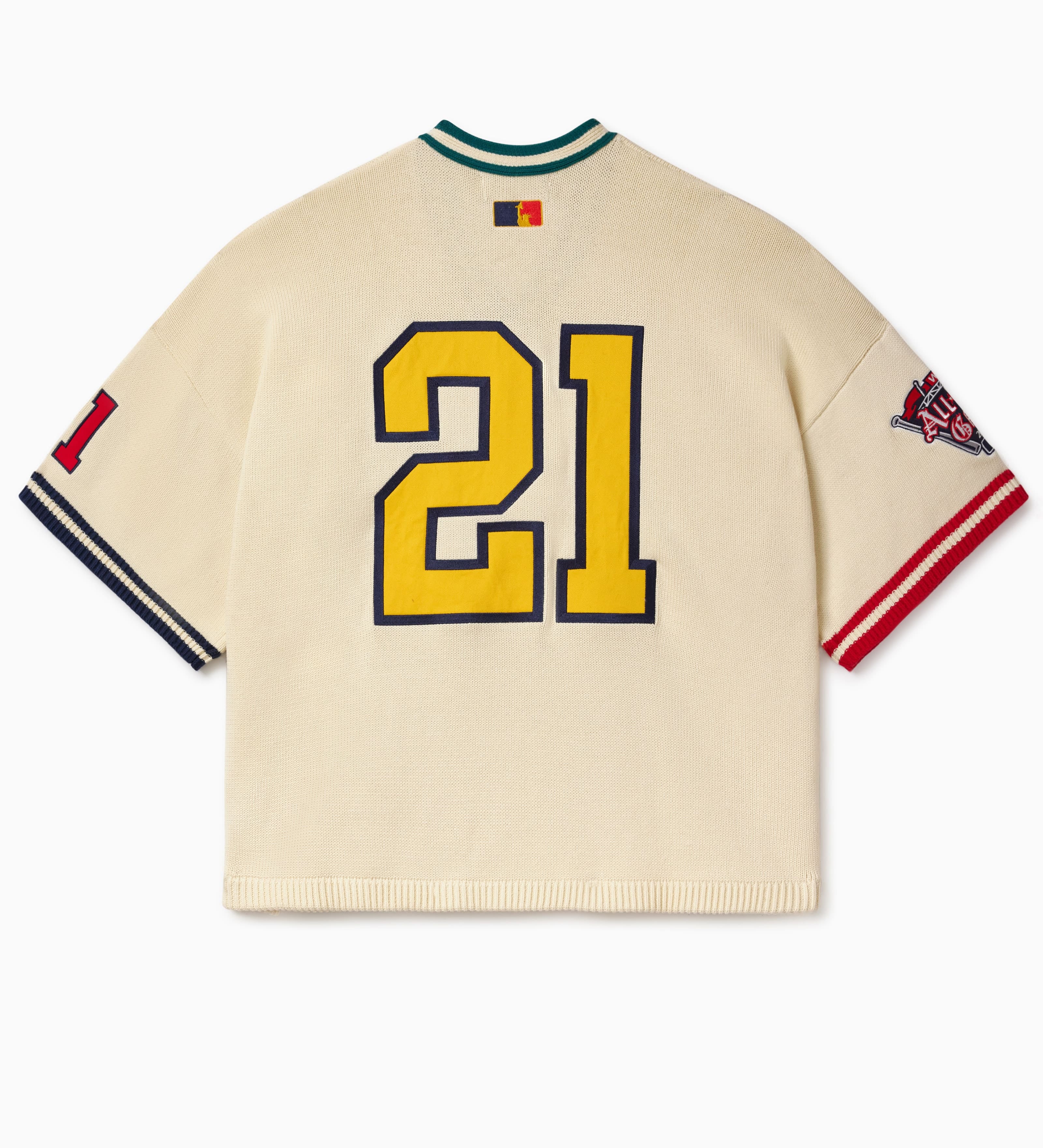Wisdom Of Age cream baseball jersey with number 21 in yellow on a white background