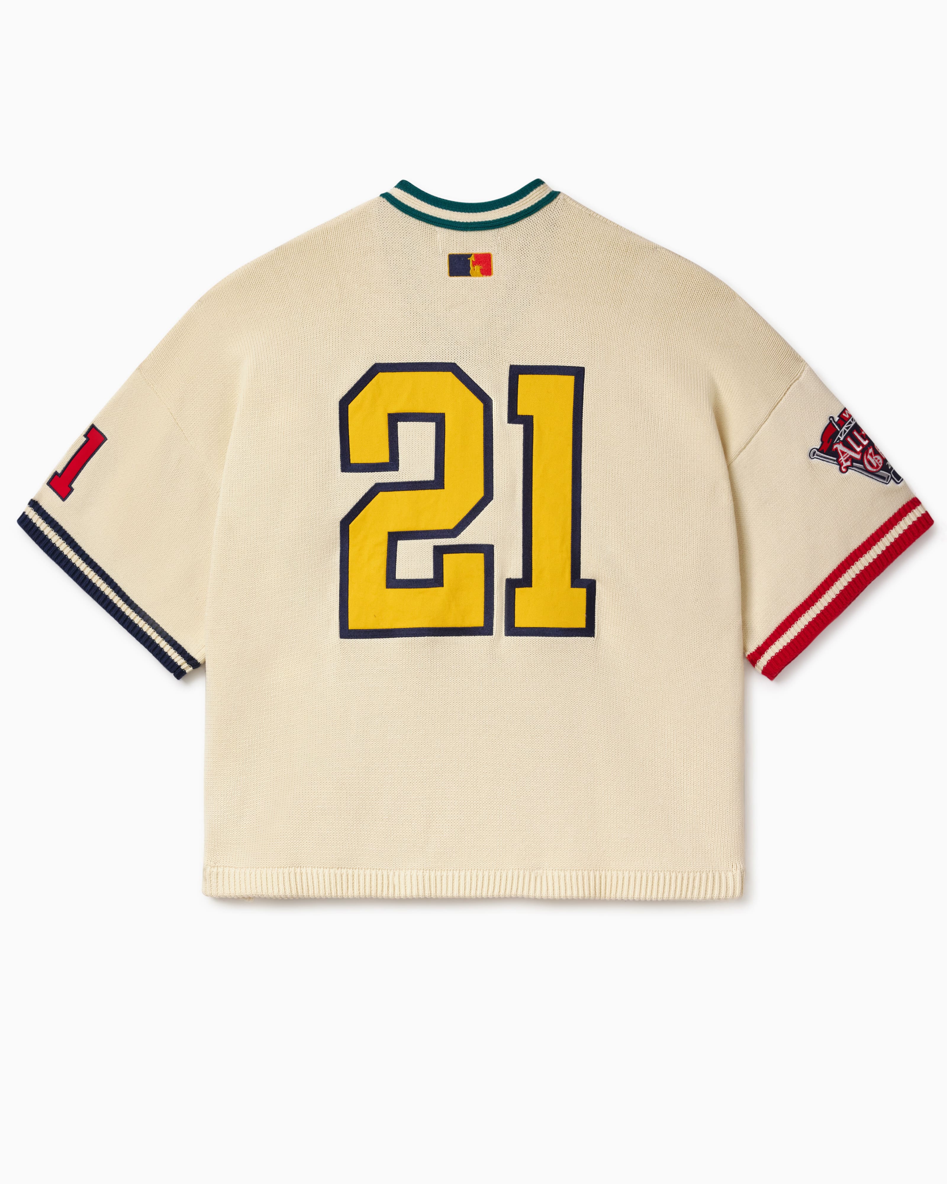 Wisdom Of Age cream baseball jersey with number 21 in yellow on a white background