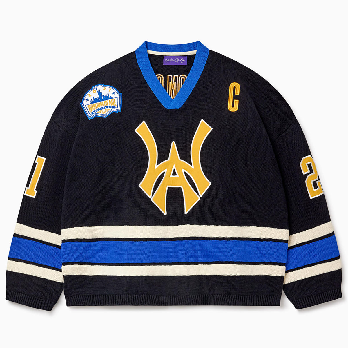 Front view of the Wisdom Of Age Knit Hockey jersey Black. Yellow WA logo on the front with and captains C on the left shoulder and a nyc skyline patch on the right shoulder. the number 21 on the sleeves