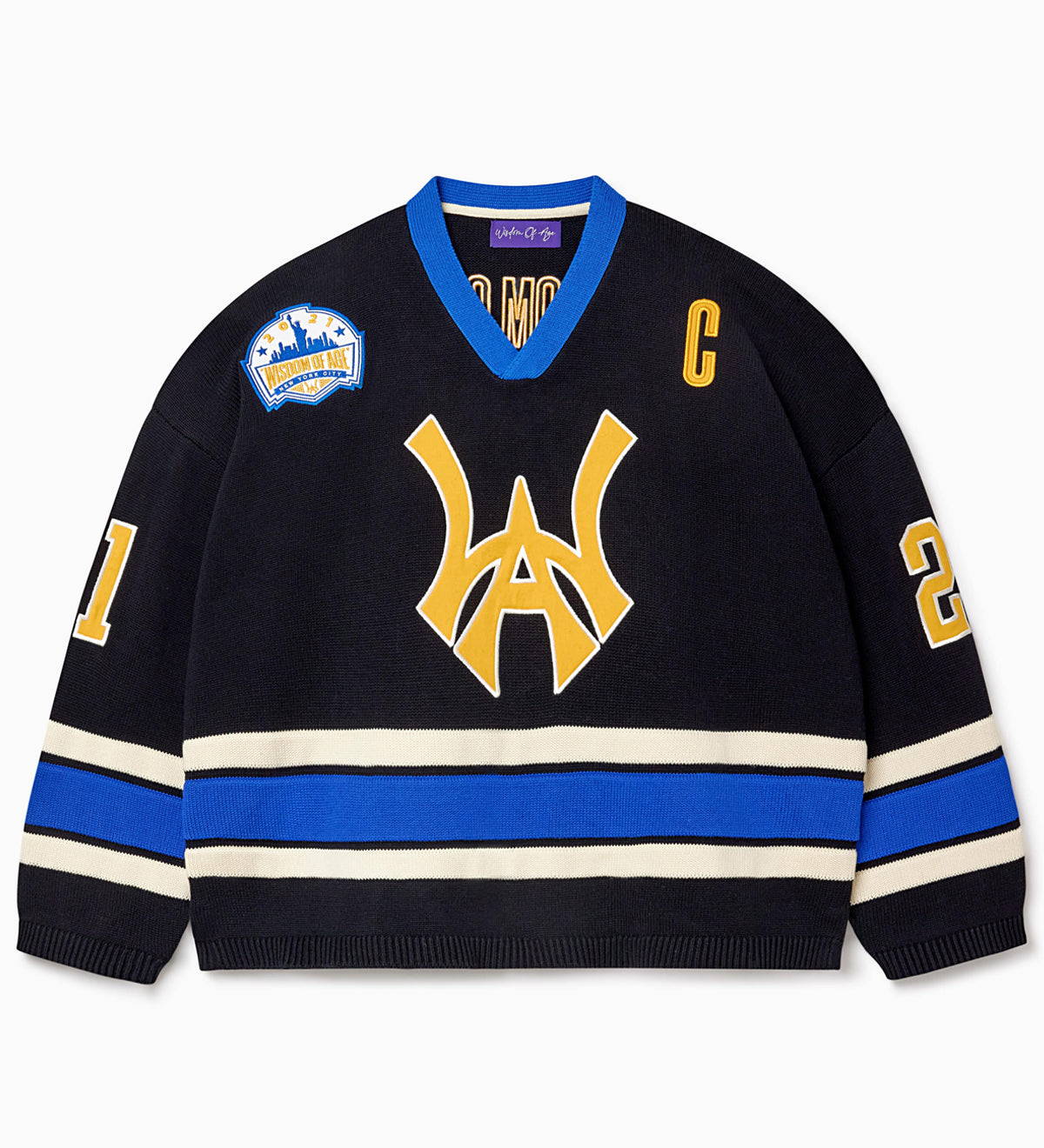 Front view of the Wisdom Of Age Knit Hockey jersey Black. Yellow WA logo on the front with and captains C on the left shoulder and a nyc skyline patch on the right shoulder. the number 21 on the sleeves