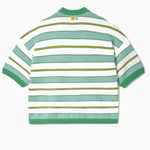 Striped Short sleeve sweater with green , yellow and white horizontal stripes on a white background