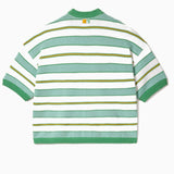 Striped Short sleeve sweater with green , yellow and white horizontal stripes on a white background