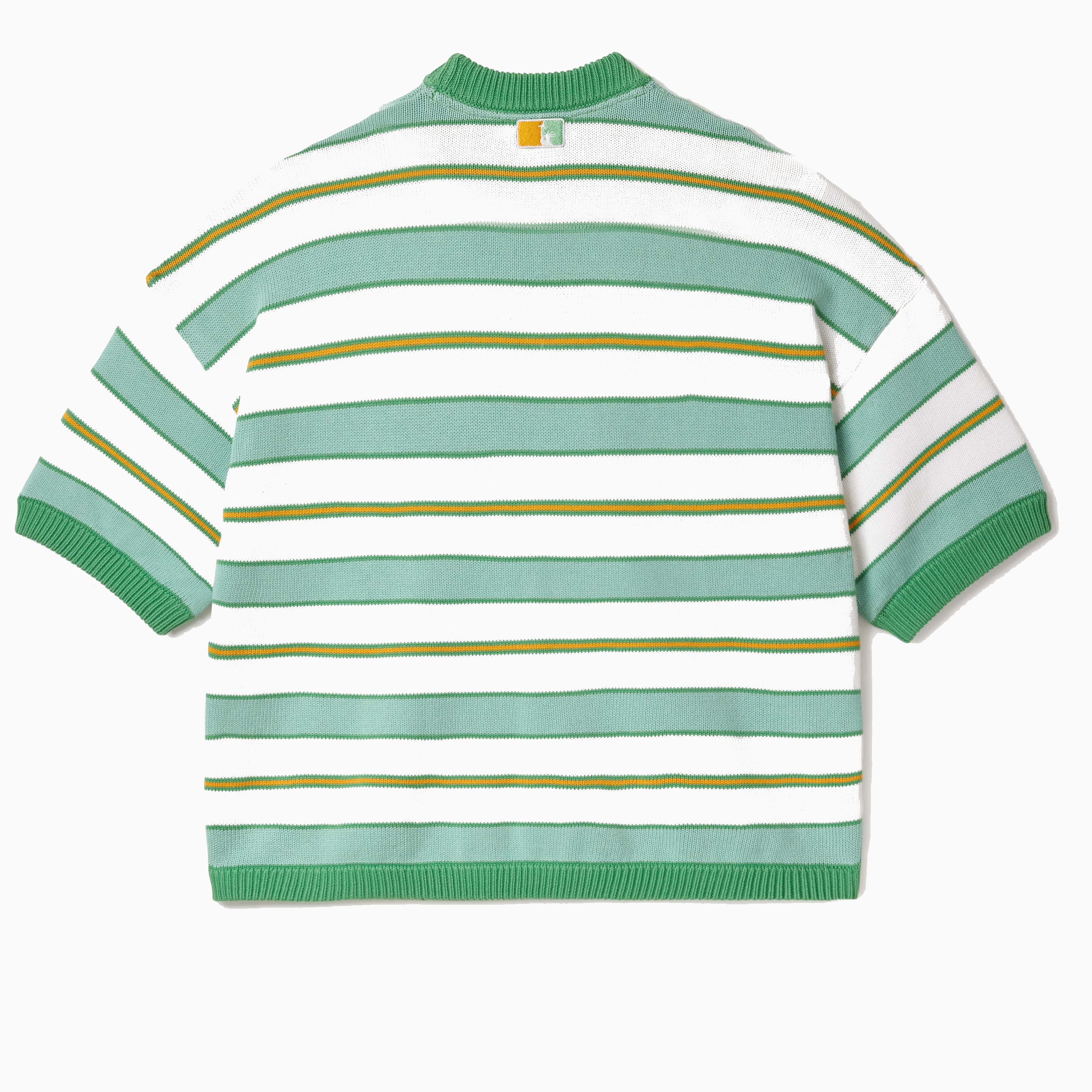 Striped Short sleeve sweater with green , yellow and white horizontal stripes on a white background