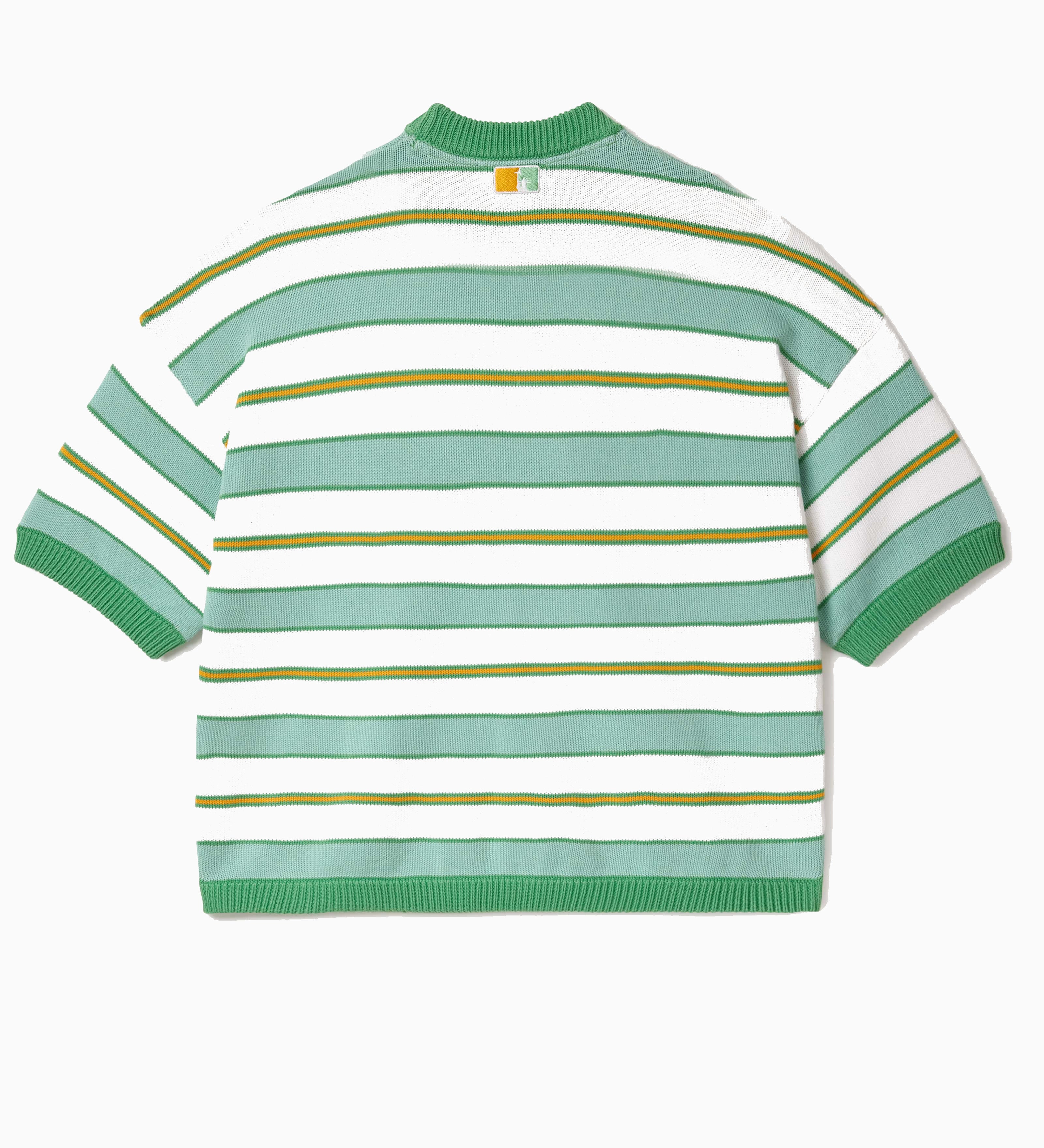 Striped Short sleeve sweater with green , yellow and white horizontal stripes on a white background