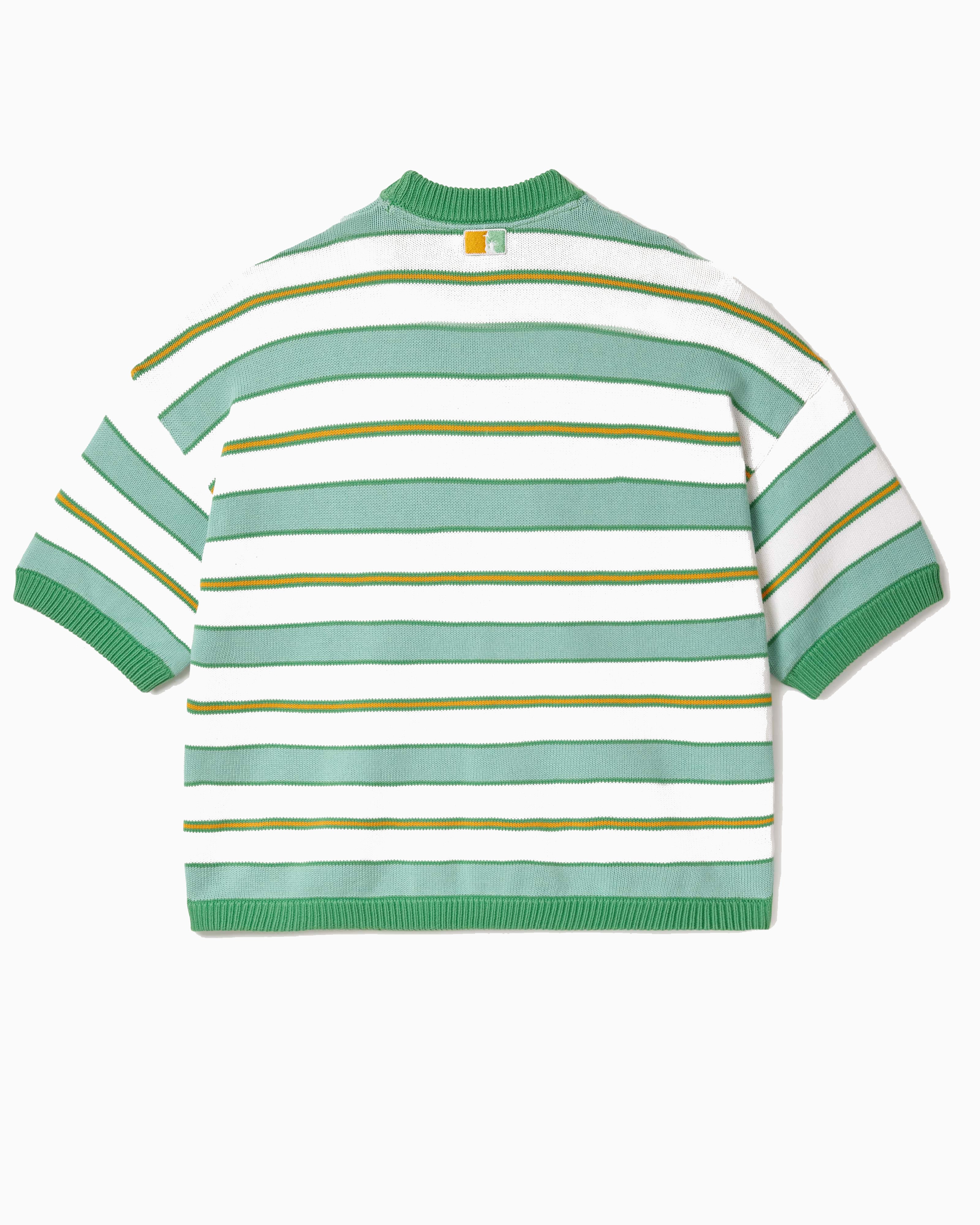 Striped Short sleeve sweater with green , yellow and white horizontal stripes on a white background