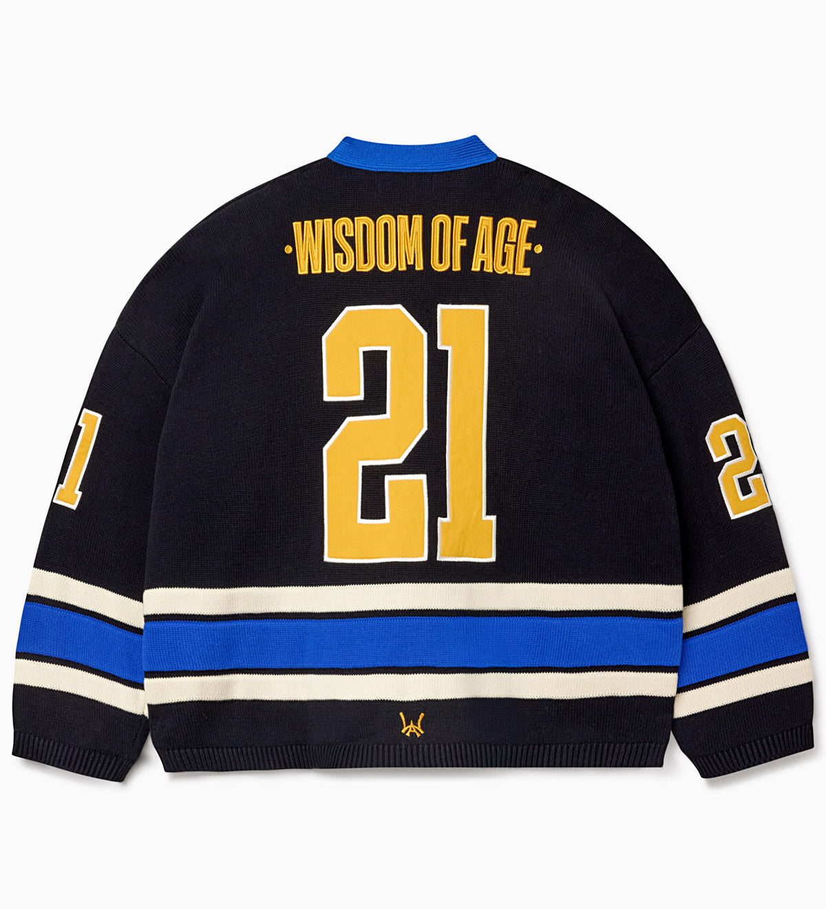 Rear view of the Wisdom Of Age Knit Hockey jersey Navy. Wisdom Of Age on the name plate with the number 21 in yellow underneath