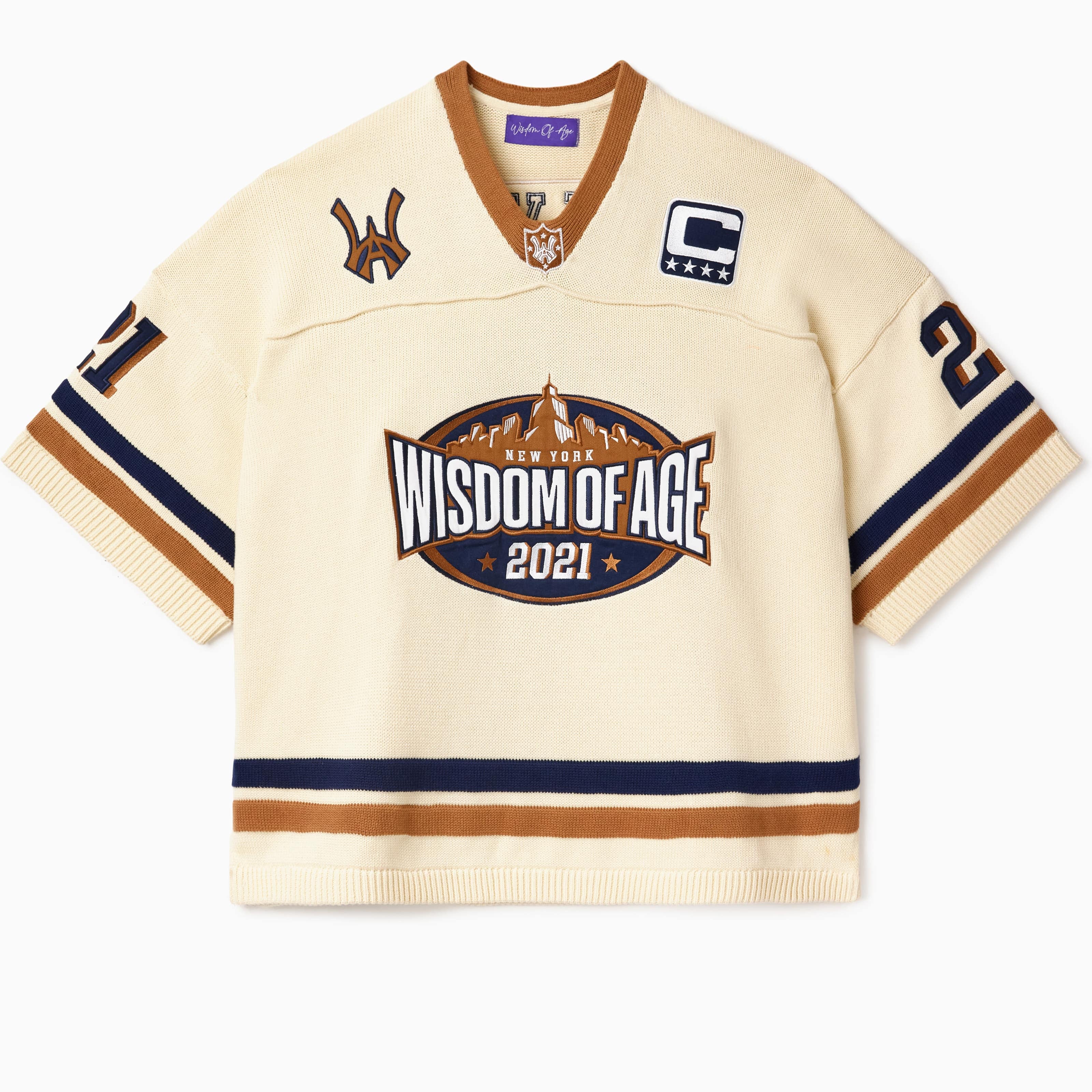 Cream-colored football jersey with 'Wisdom of Age 2021' logo on a white background