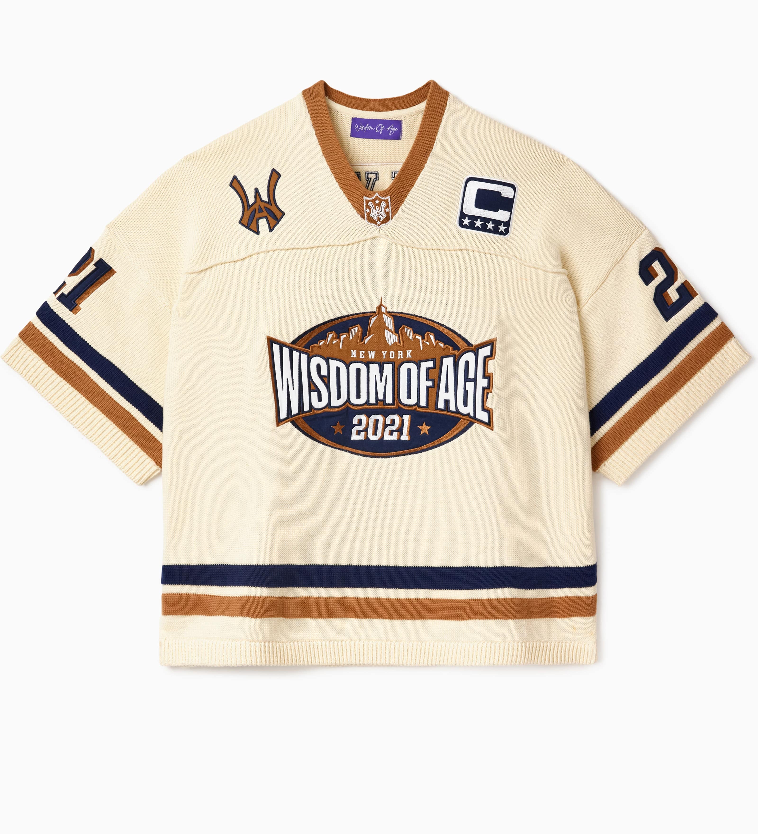 Cream-colored football jersey with 'Wisdom of Age 2021' logo on a white background