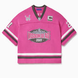 Pink knitted football  jersey with Wisdom Of Age skyline, WA logos anda captains patch.