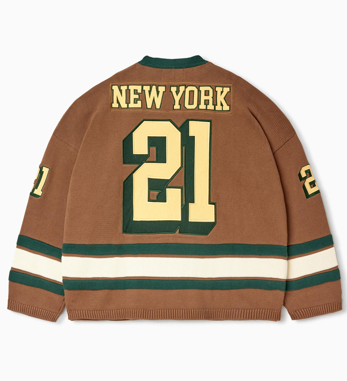 Rear view of the Wisdom Of Age Knit Hockey jersey Autumn. New York on the name plate with the number 21 underneath