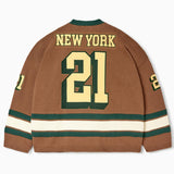 Rear view of the Wisdom Of Age Knit Hockey jersey Autumn. New York on the name plate with the number 21 underneath